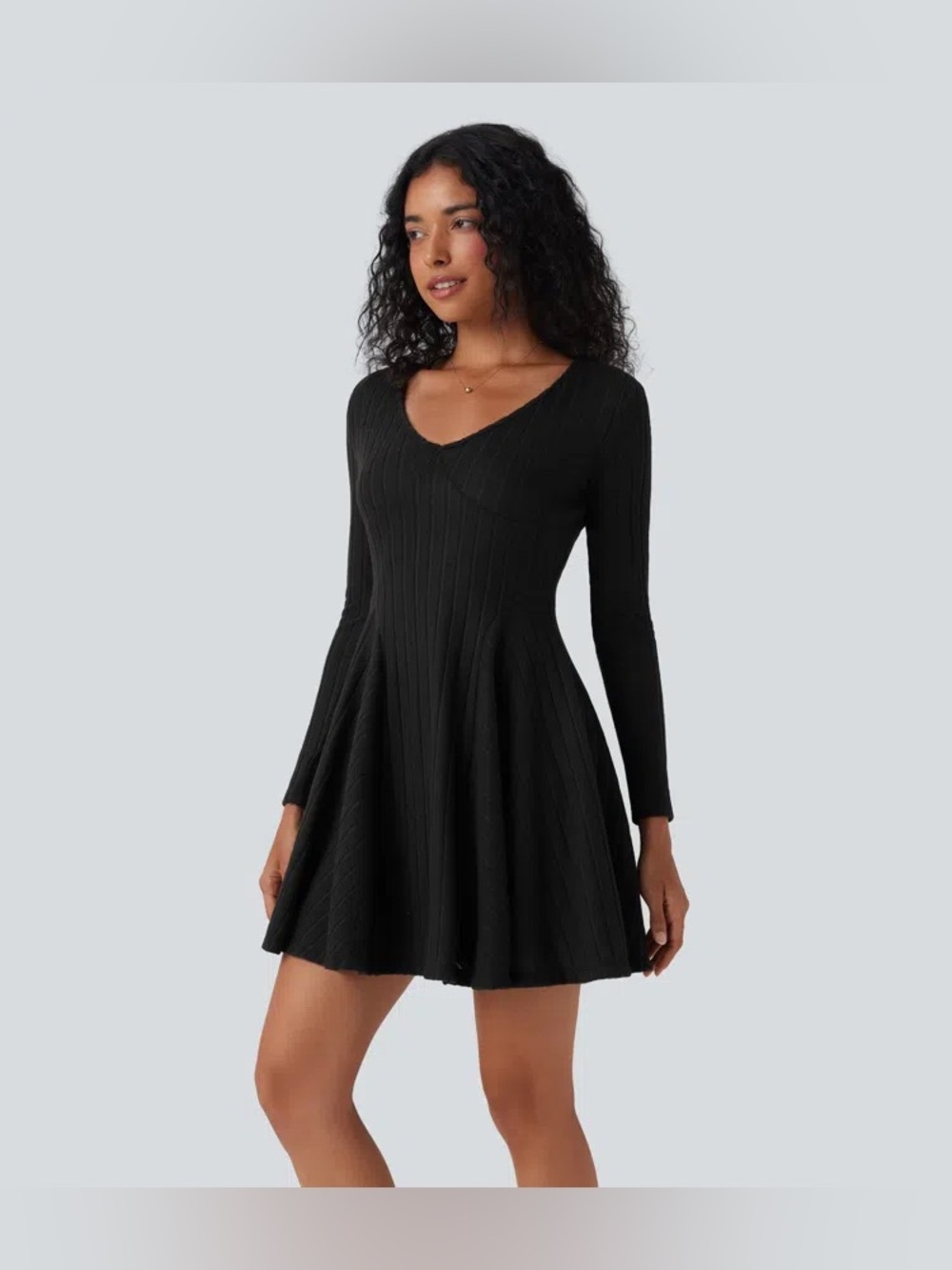 Halara NWT Ribbed Knit V Neck Long Sleeve Flare Mini Casual Dress Black M